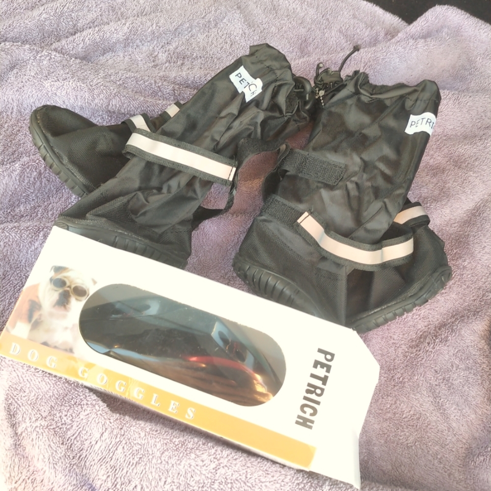 😄Doggy booties and doggie goggles!